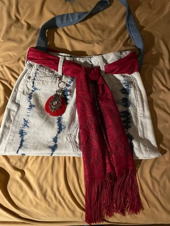 Handcrafted Tie-Dye White Denim crossbody bag with Red accents - Picture 1 of 1